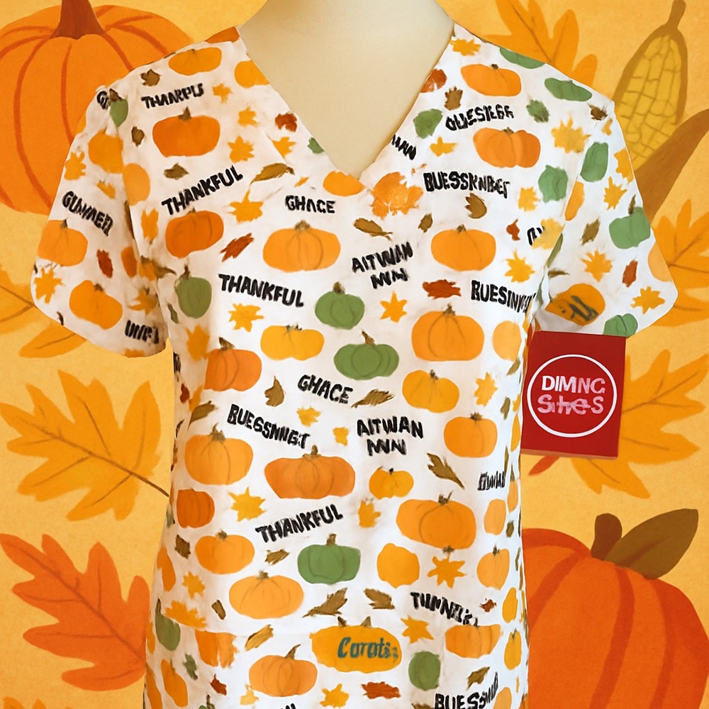 Divine Stretch Fall Scrub Top S Pumpkins Thanksgiving NWT
